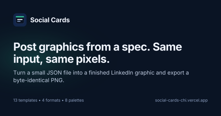 Social Cards — Post graphics from a spec. Same input, same pixels.